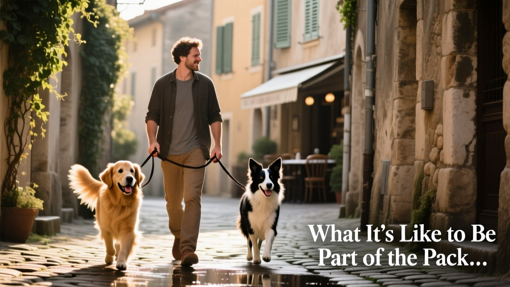 A candid photo of Dale and Greg walking side-by-side through a quiet European street, each holding a leash with a happy dog beside them