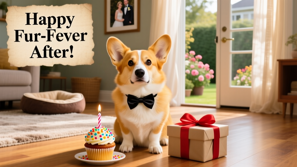 Murphy wearing a tiny bowtie, sitting proudly beside a 'Happy Birthday!' cupcake and wrapped gift box