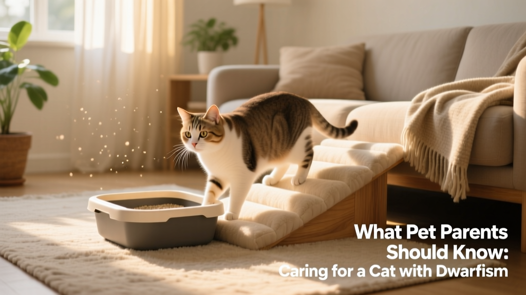 A cat with short legs comfortably using a low-entry litter box and padded ramp beside a sofa, demonstrating accessible home setup