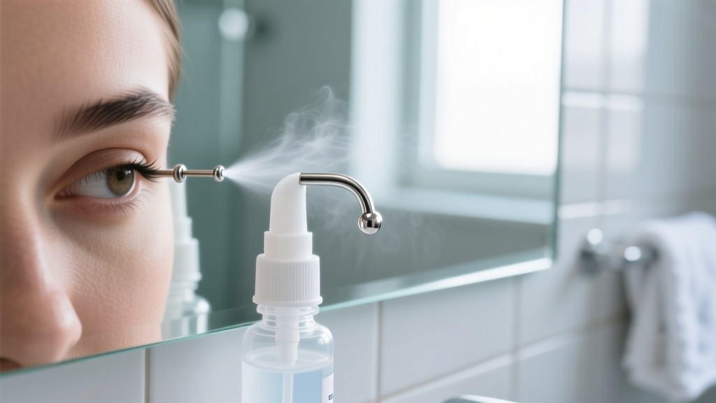 Sterile saline spray near a 16-gauge titanium curved barbell in an eyebrow piercing, reflected in a bright, clean bathroom mirror.