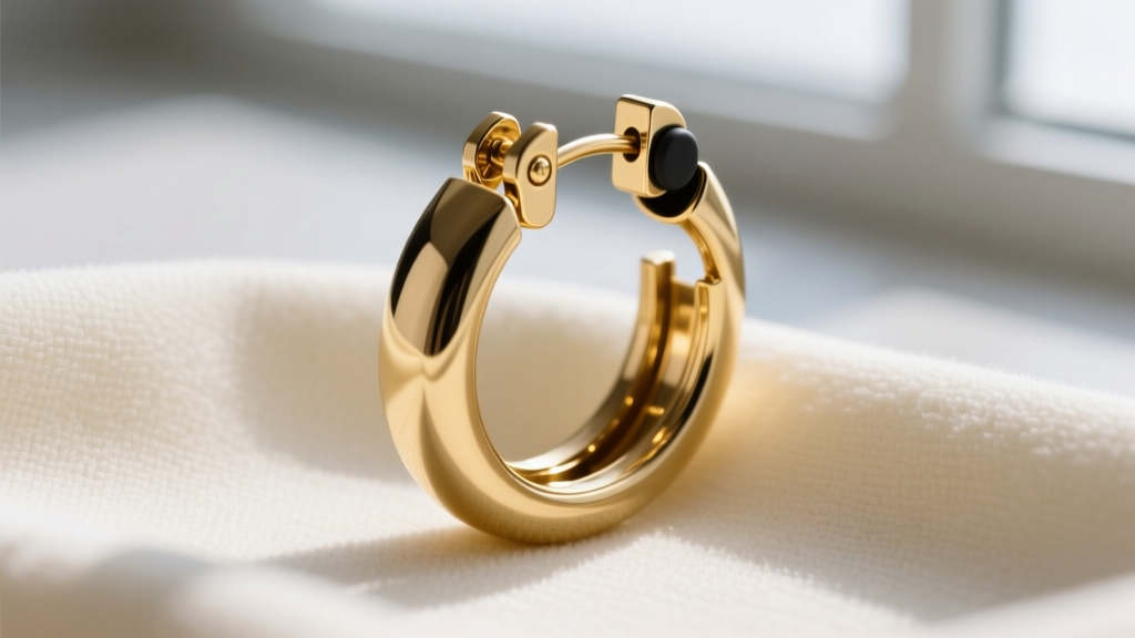 Macro shot of a large gold-plated brass clip-on hoop earring on a microfiber cloth, highlighting the hinge and silicone grip pad.