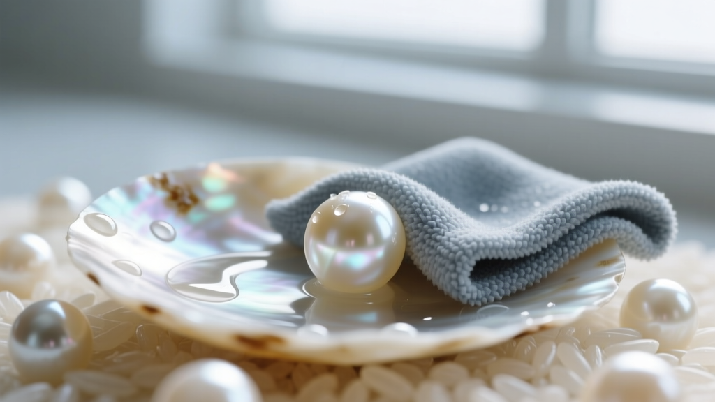 Close-up of a damp microfiber cloth gently wiping ivory rice pearls, showing contrast between cleaned and uncleaned nacre surfaces