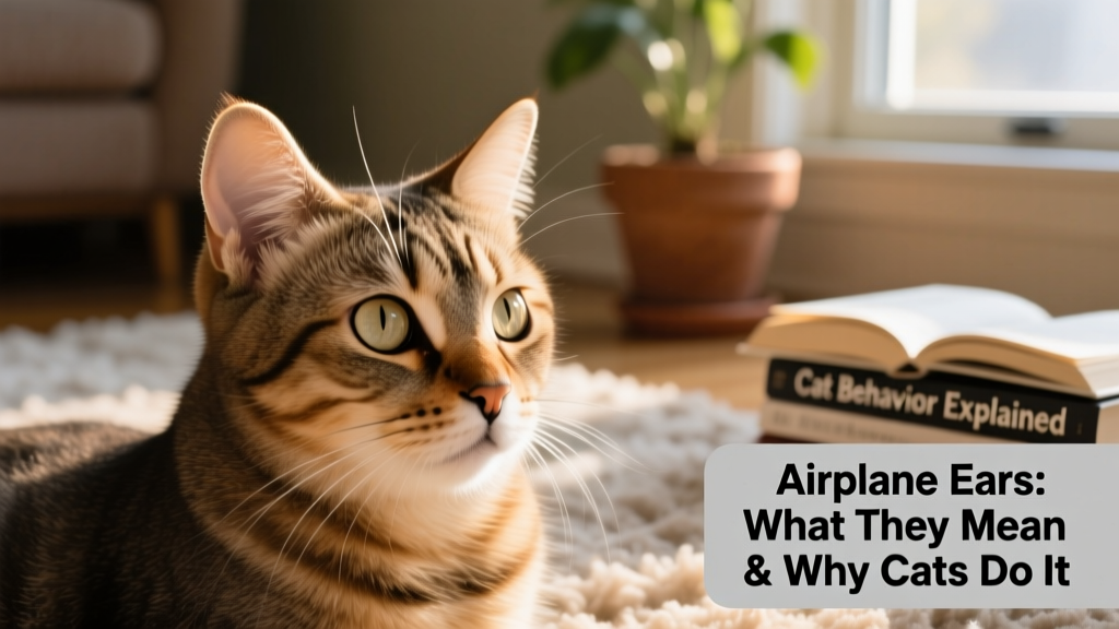 Close-up of a cat with ears flattened sideways against its head, showing classic 'airplane ears' posture