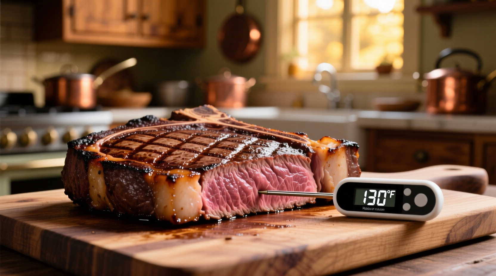 Perfectly seared steak with thermometer reading