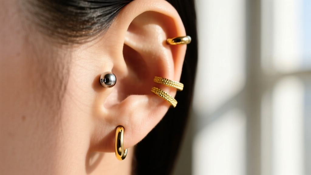 Close-up of a curated ear stack with a 16-gauge titanium daith clicker and 14k gold helix studs, softly lit against warm skin.
