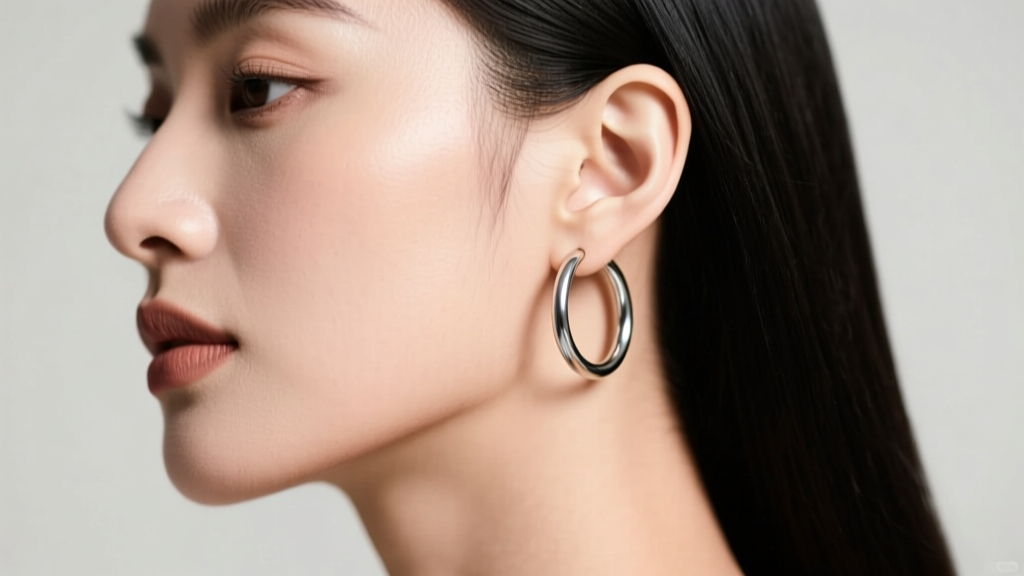 Side profile of a woman wearing 38mm steel hoops, showing how the 1.5 inch size frames the jawline without touching the neck.