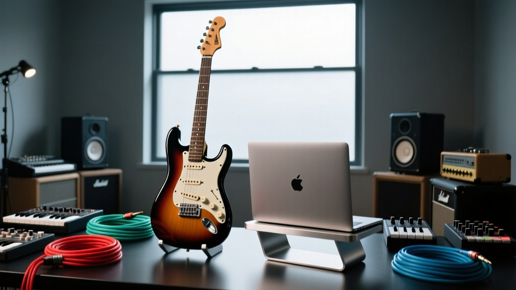Fender Stratocaster next to a MacBook Pro on an aluminum stand, surrounded by MIDI pedals and audio cables in a dimly lit studio