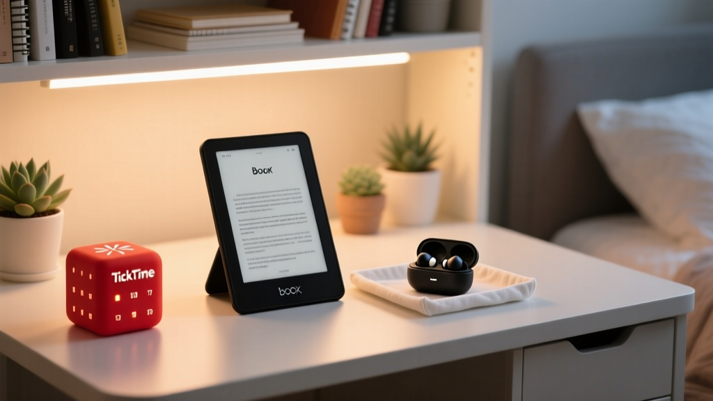 A neatly organized dorm desk featuring a Boox e-reader, EarFun earbuds, and a TickTime pomodoro cube under warm LED lighting.