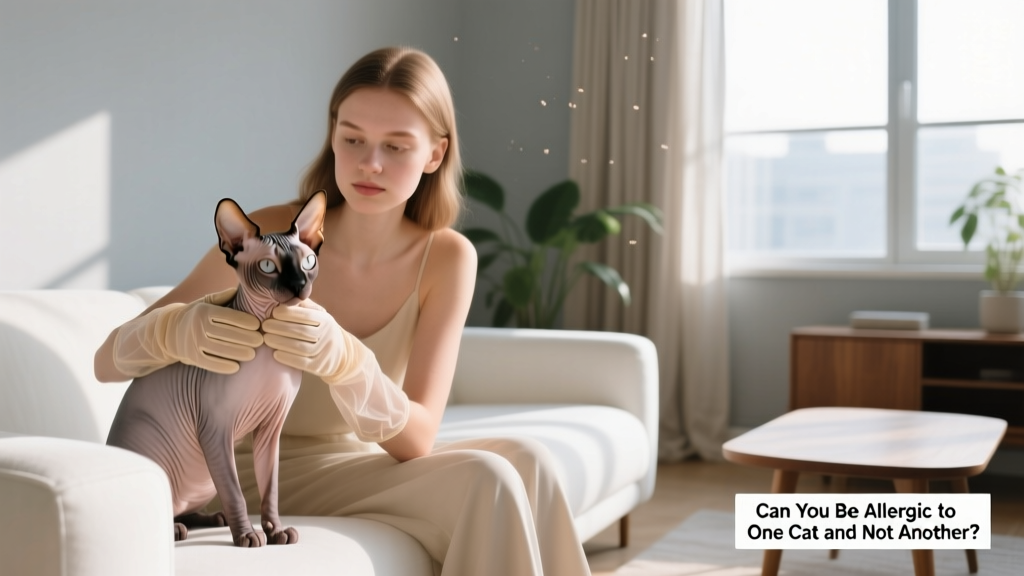 Person gently petting a Sphynx cat while wearing light gloves, seated on a clean, well-ventilated living room sofa