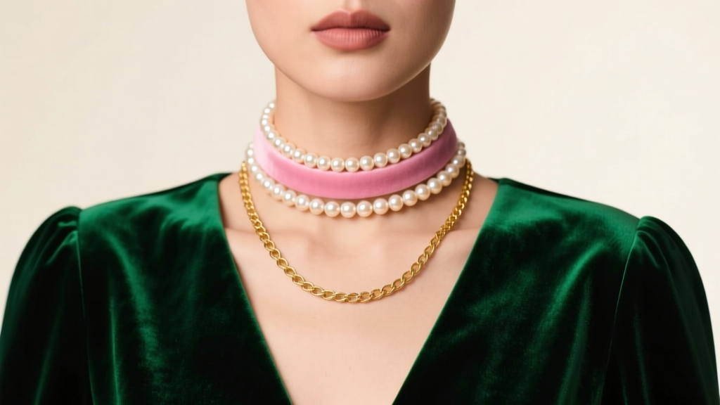 Model layering a 16-inch vintage pink pearl choker with a gold chain over a deep emerald green velvet top in soft studio lighting