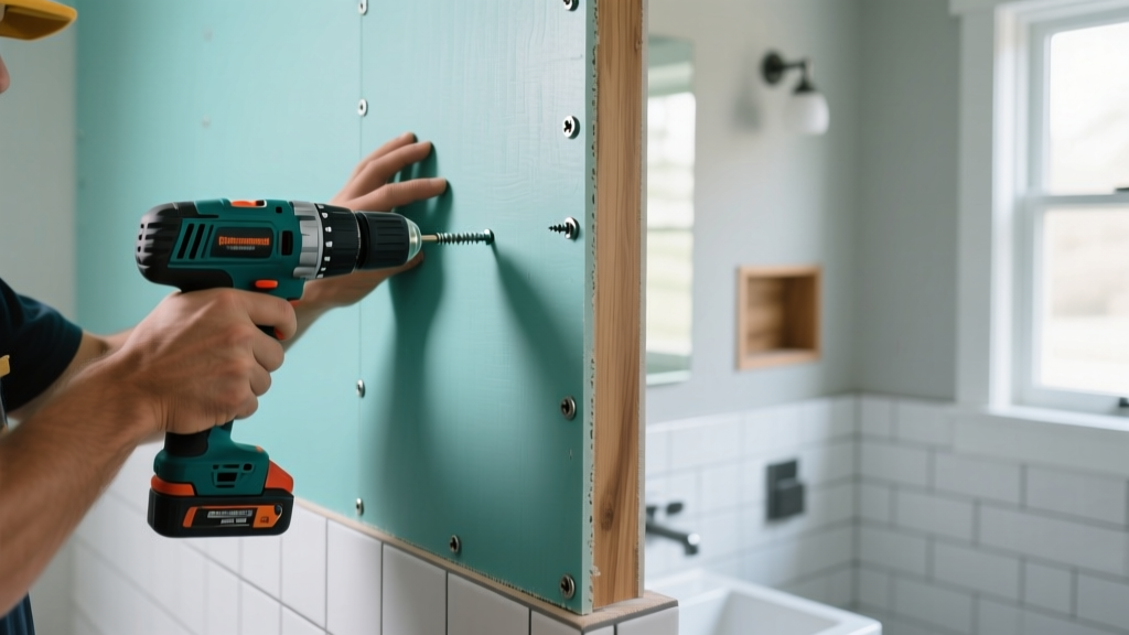 Contractor installing teal-colored mold and moisture resistant gypsum board on bathroom walls using galvanized screws and a power drill