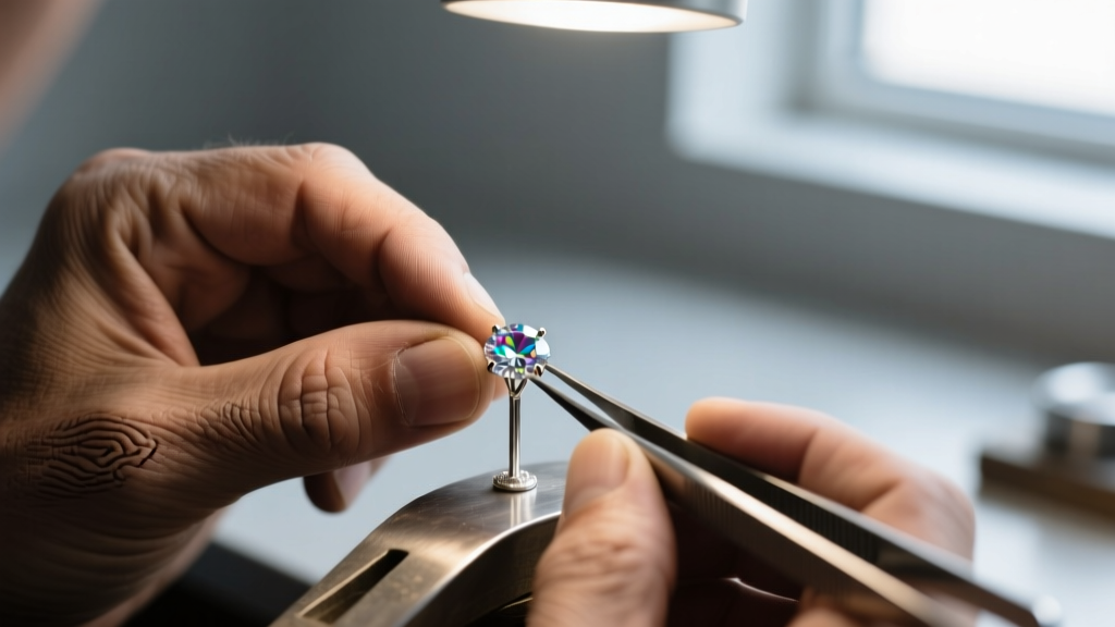 Extreme close-up of a jeweler's loupe magnifying the tiny 14K and 585 hallmark stamps on the post of a gold stud earring.