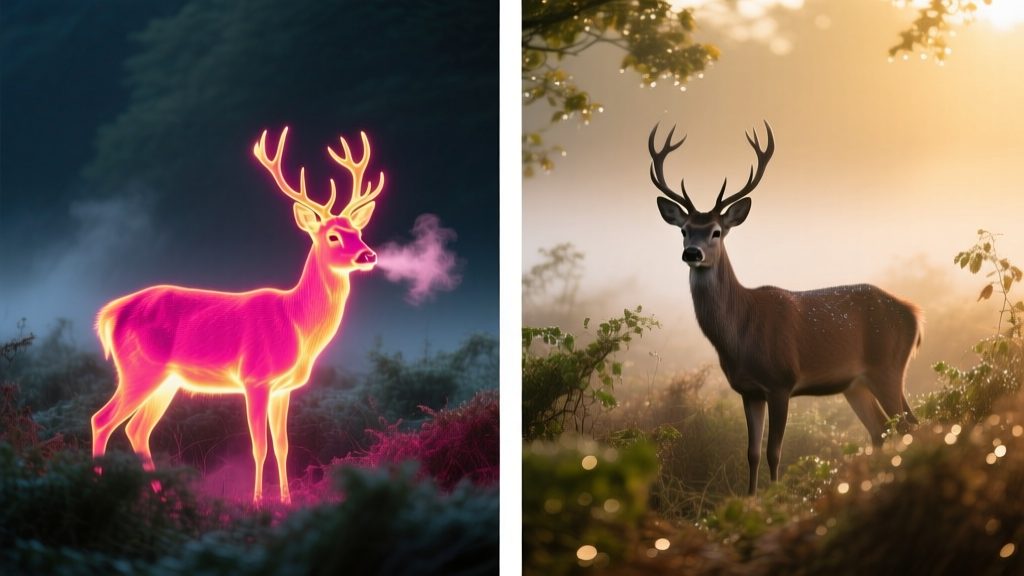 Side-by-side view through thermal binoculars showing a glowing deer silhouette in dense brush at dawn compared to standard glass