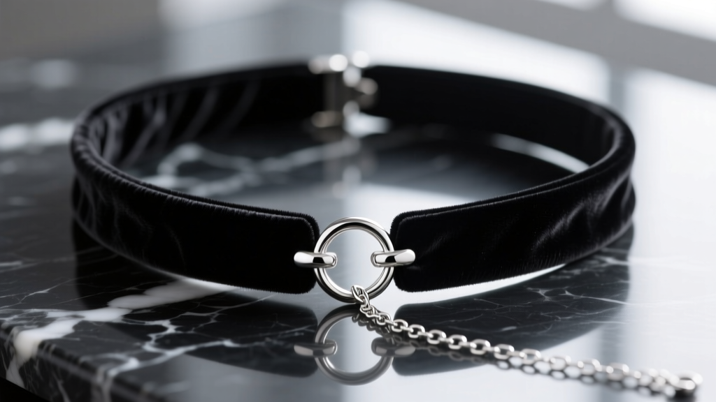 Macro shot of a black velvet sexy choker necklace with a sterling silver clasp and extender chain resting on a dark marble surface