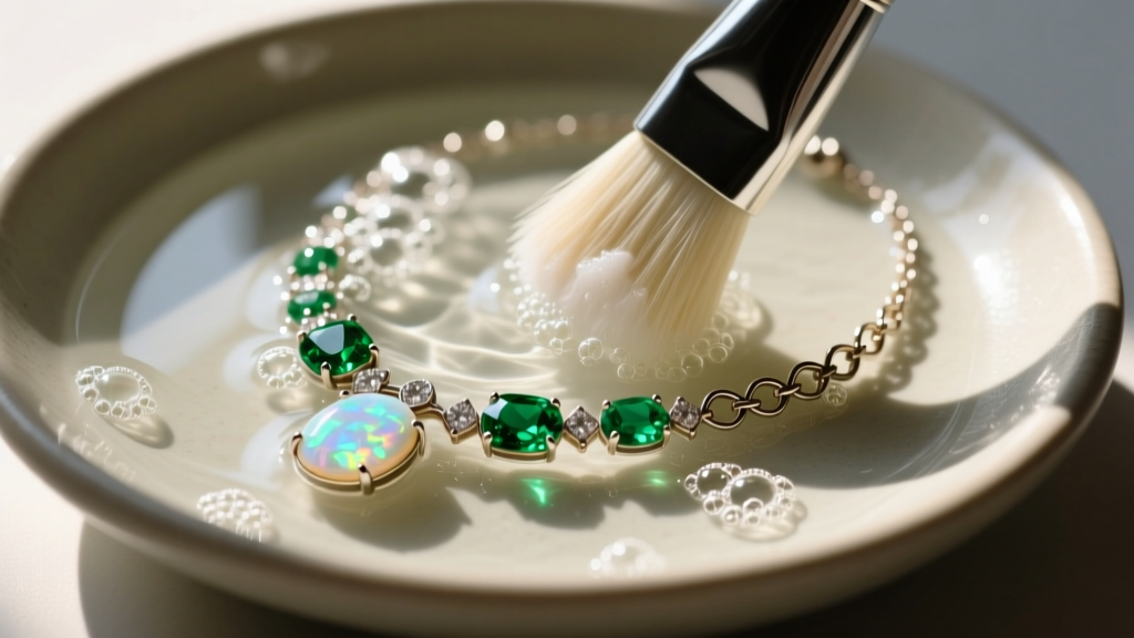 Soft brush gently cleaning a delicate opal and emerald necklace in lukewarm soapy water, avoiding ultrasonic vibration damage.