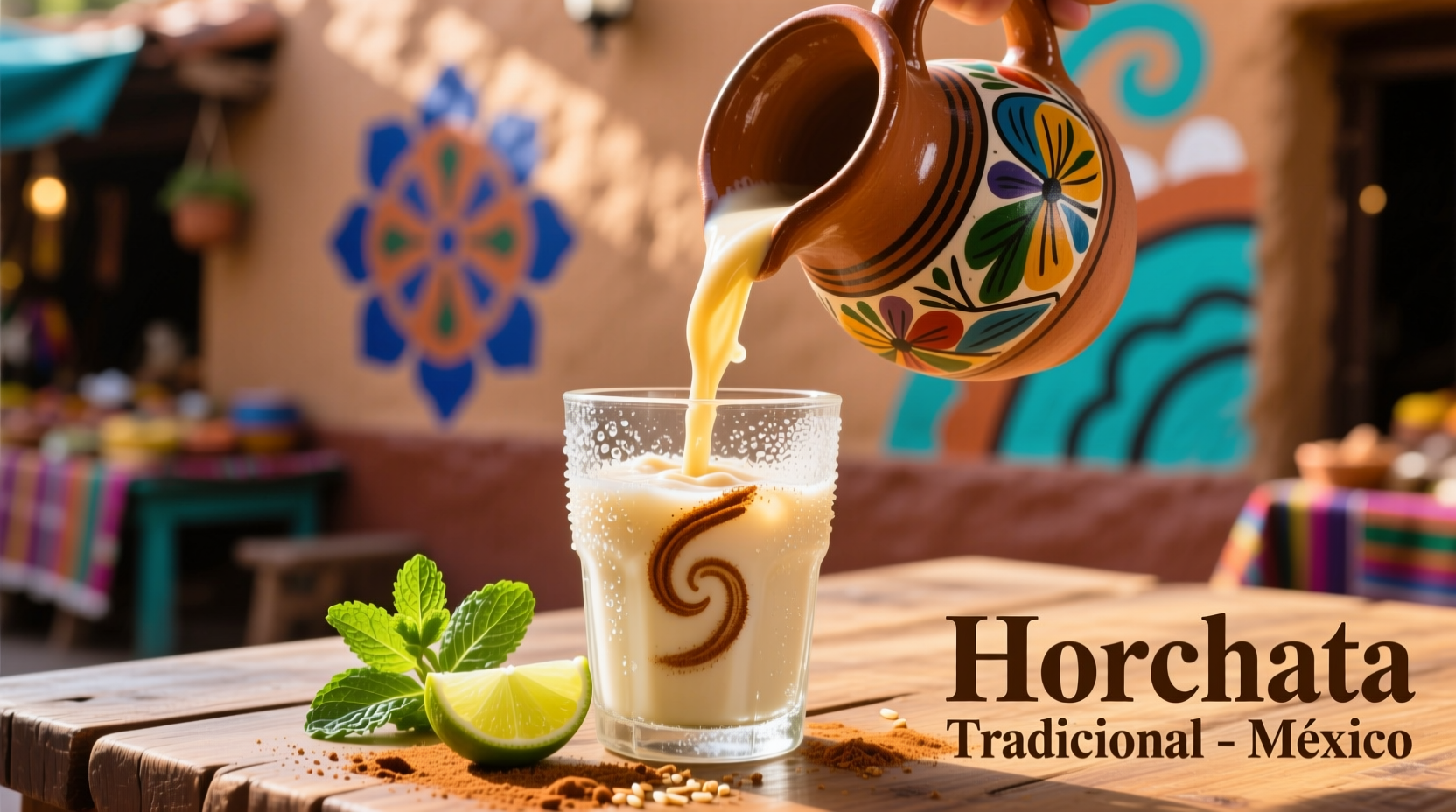 Traditional Mexican horchata being poured into glass