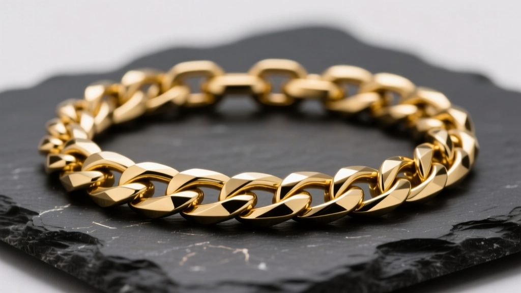 Studio shot of a 10mm 14k yellow gold Cuban link chain on dark slate, highlighting interlocking flat links and diamond-cut bevels