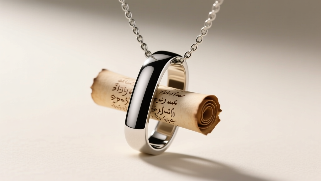 Side profile of a hollow tube cross necklace with a rolled parchment scroll partially pulled out, under soft directional lighting.