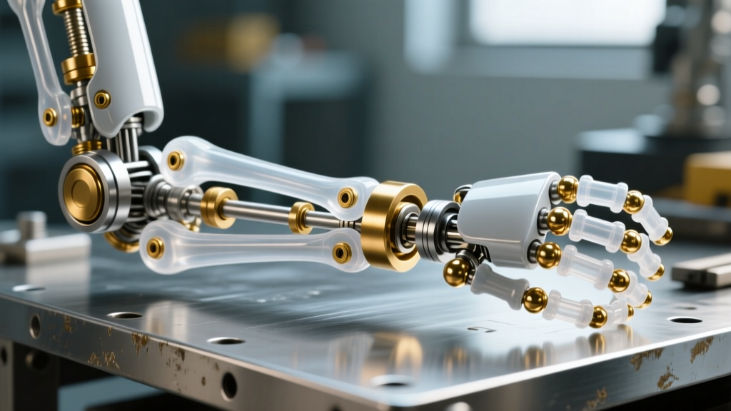 Close-up of a complex animatronic puppet armature featuring machined Delrin ball joints and brass pivot pins assembled on a stainless steel workbench.