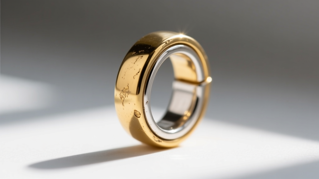 Macro shot of a gold vermeil pendant bail showing slight edge wear, revealing the bright sterling silver base metal beneath it.