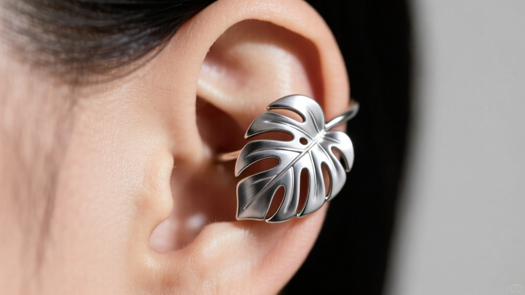 Macro shot of a titanium monstera leaf ear cuff wrapping around the cartilage, showing the brushed metal texture and secure fit.