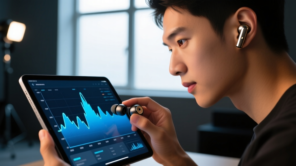 Close-up of a tech enthusiast analyzing frequency response graphs on a tablet while holding premium true wireless earbuds in a dimly lit studio