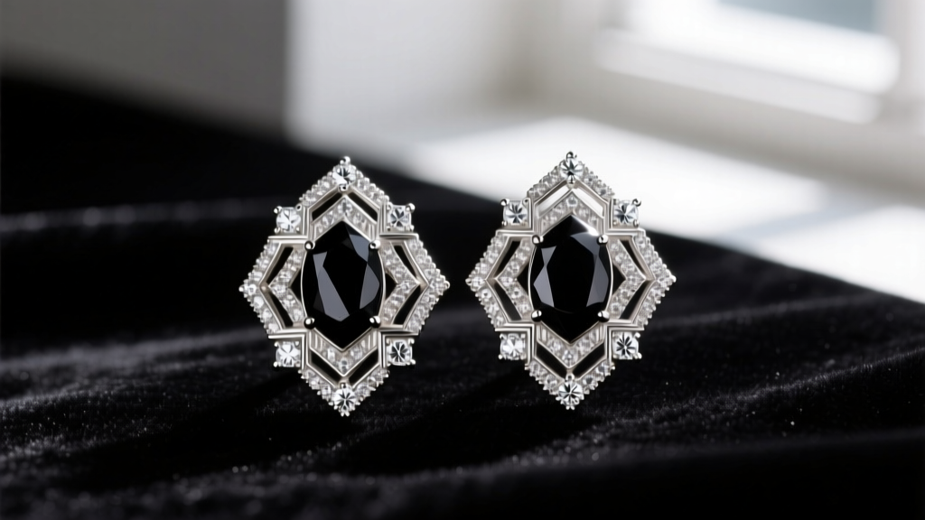Close-up of platinum vintage Art Deco earrings with geometric onyx and old European cut diamonds showing milgrain on dark velvet