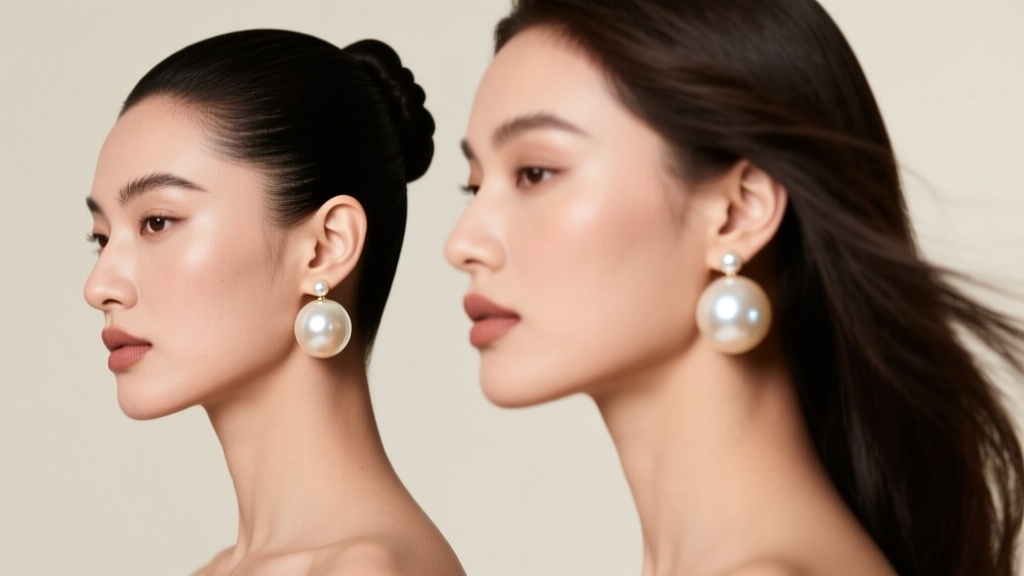Editorial shot of two models wearing oversized spherical pearl drop earrings, one with a sleek updo and the other with loose hair