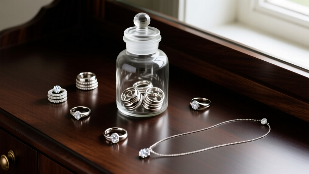 Top-down view of a glass apothecary jar filled with polished sterling silver rings and necklaces, resting on a dark oak vanity