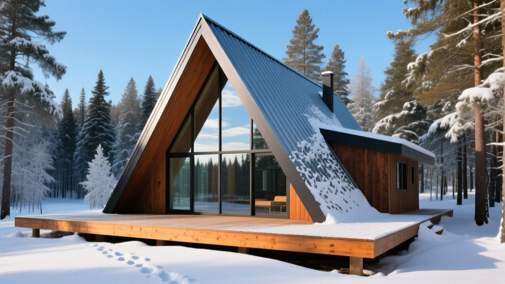 A-frame cabin with steep metal roofing in a snowy forest, featuring large triangular glass windows and a wraparound wooden deck