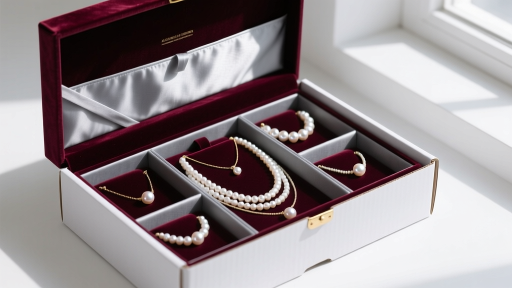 Velvet jewelry box showing separated compartments with anti-tarnish strips and pearl necklaces inside a cardboard moving box.