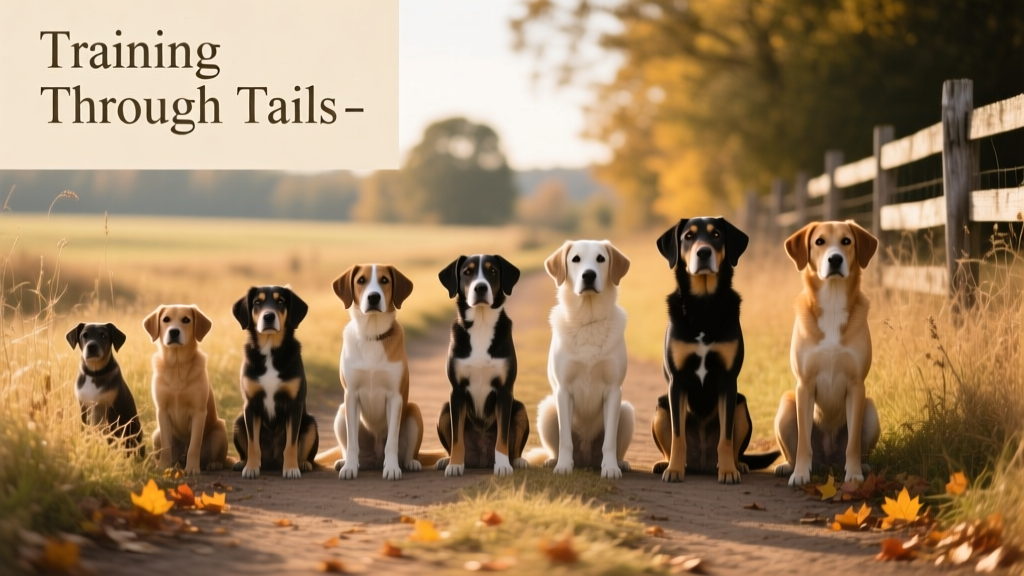 Eight different dogs sitting in height order in a row outside on dirt