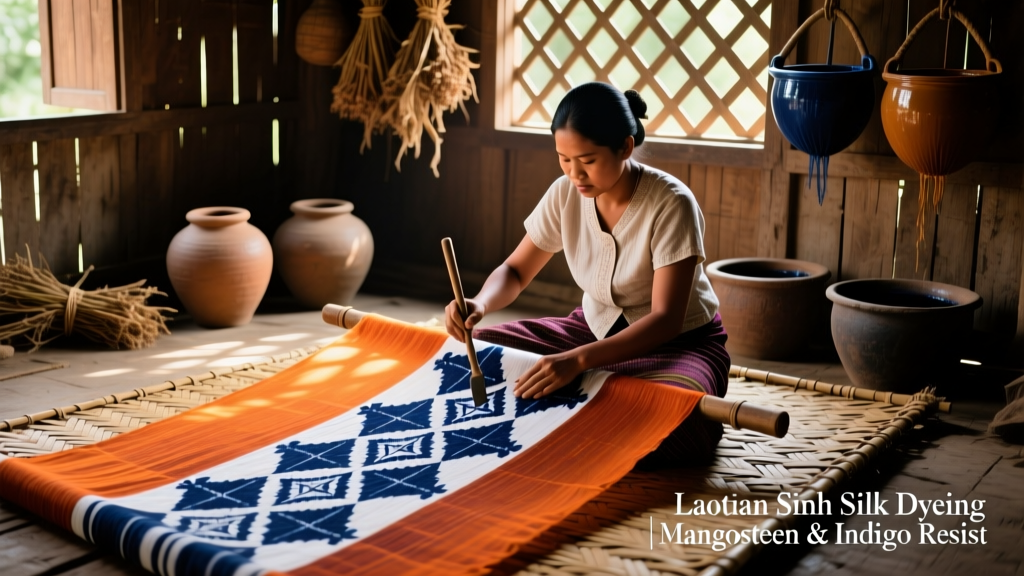 Laotian Sinh Silk Dyeing With Mangosteen Rind And Indigo Resist Techniques