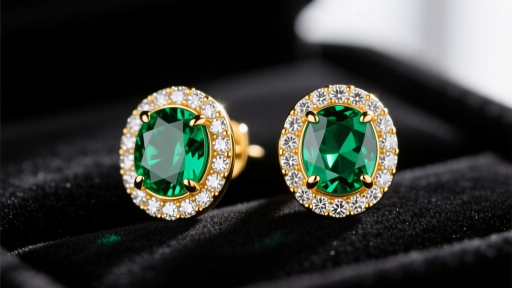 14k yellow gold stud earrings featuring a vivid green emerald center stone surrounded by a micro-pave diamond halo on dark velvet.