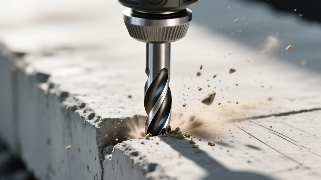 Close-up of a carbide-tipped SDS-plus drill bit penetrating a gray concrete slab with dust extraction shroud attached