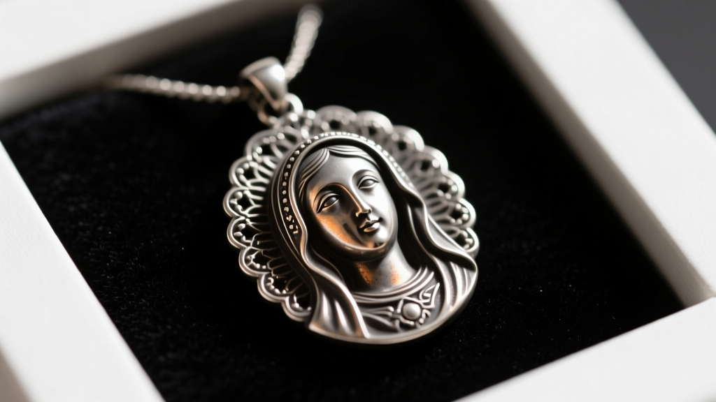 Oxidized sterling silver Black Madonna pendant on dark velvet, showing intricate high-relief facial features and a detailed halo.