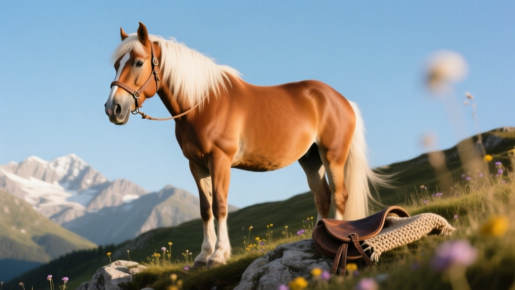 Historic photo of a Haflinger in alpine terrain, showing its mountain heritage
