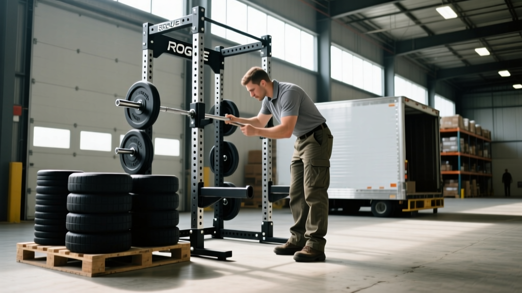 Warehouse volunteer inspecting a disassembled Rogue Fitness power rack and rubber bumper plates before loading onto a charity transport pallet