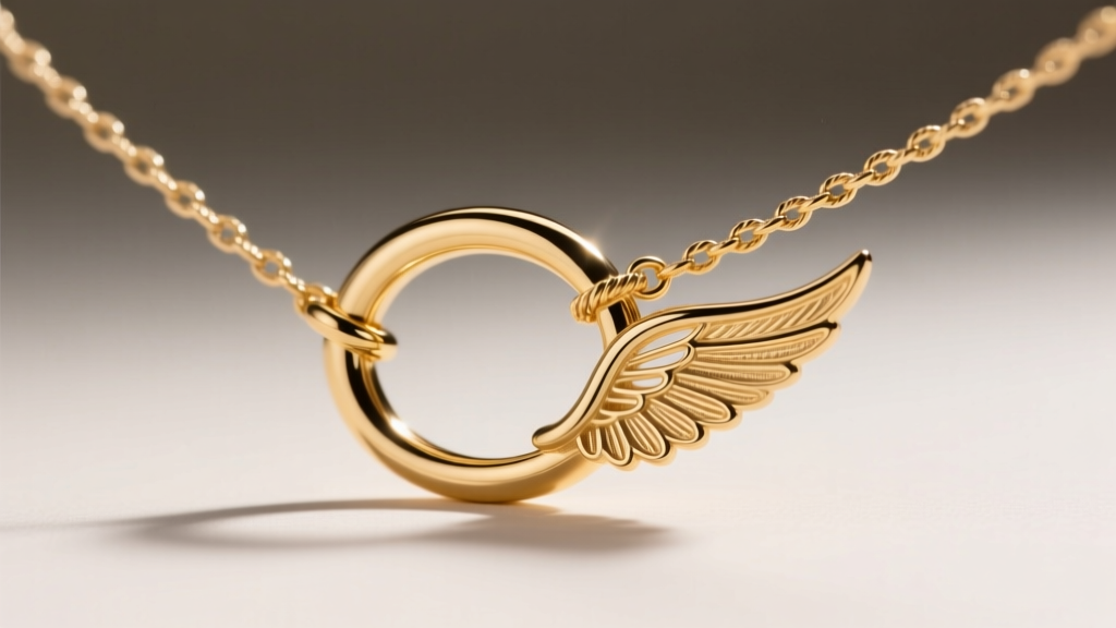 Macro shot of a gold oval bail connecting a detailed wing pendant to a 1.5mm rope chain, demonstrating smooth metal movement