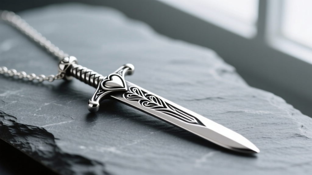 Macro shot of a sterling silver sword heart necklace on slate, highlighting dark oxidation in the engraved blade and heart details