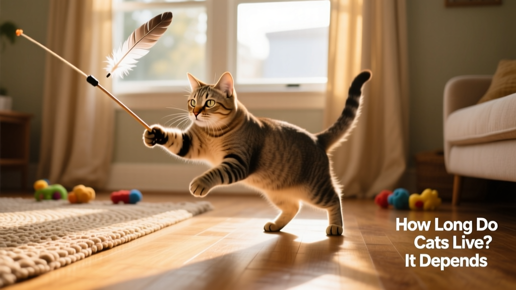 A playful adult cat batting at a feather wand toy during an interactive play session