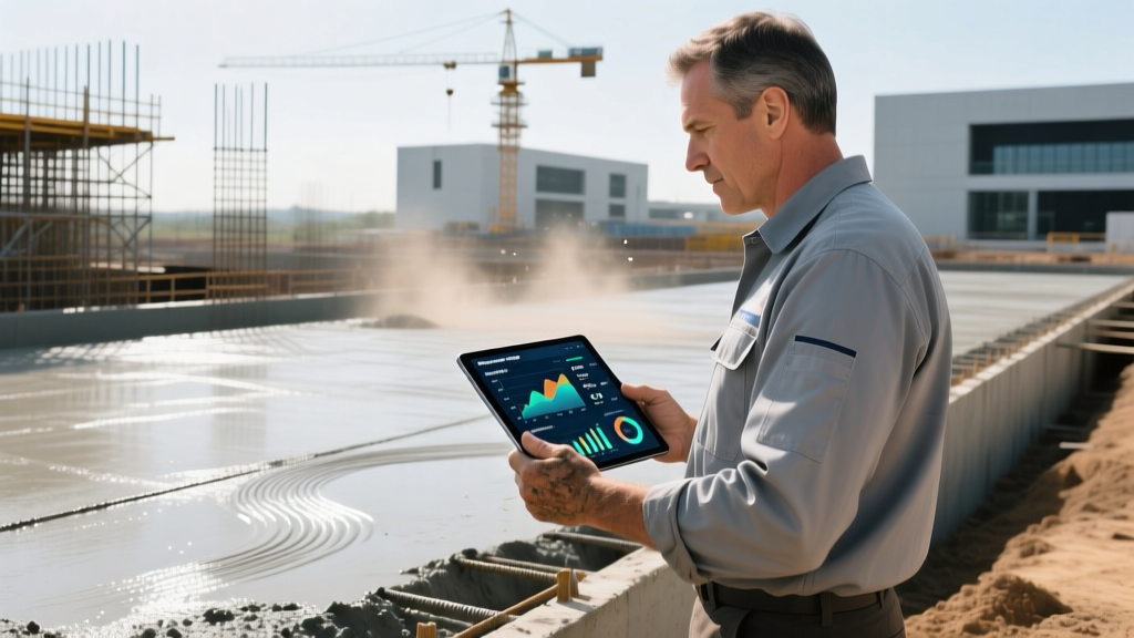Site manager holding a tablet showing construction building materials journal graphs while inspecting a commercial concrete foundation pour