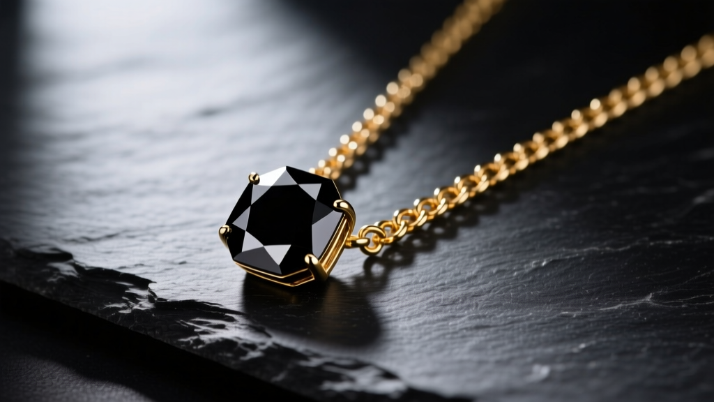 A masculine 14k gold chain holding a hexagonal black spinel pendant, resting on dark slate with moody, directional lighting.