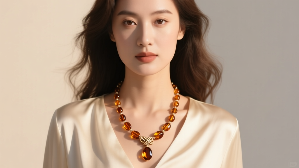 Woman wearing an 18-inch knotted bead necklace with amber gemstones over a cream silk blouse, soft natural daylight portrait.