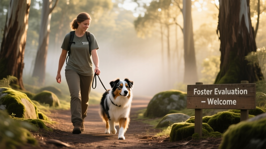 Volunteer gently walking an Australian Shepherd on a quiet trail during a foster evaluation