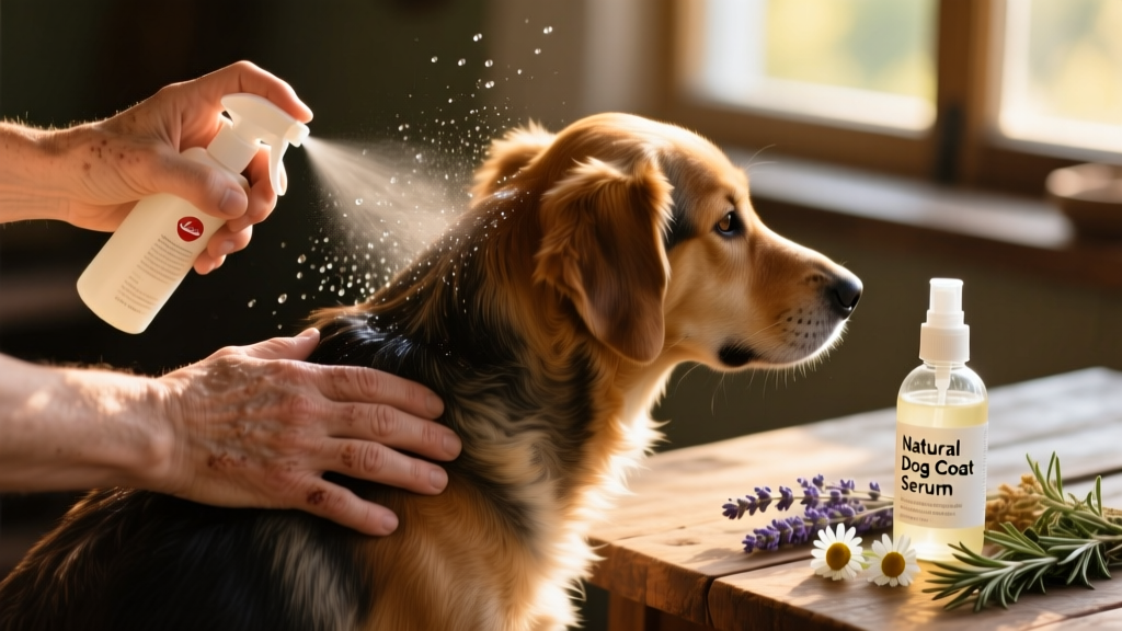 Close-up of hands applying a homemade conditioning spray to a dog's back, with visible healthy, shiny coat