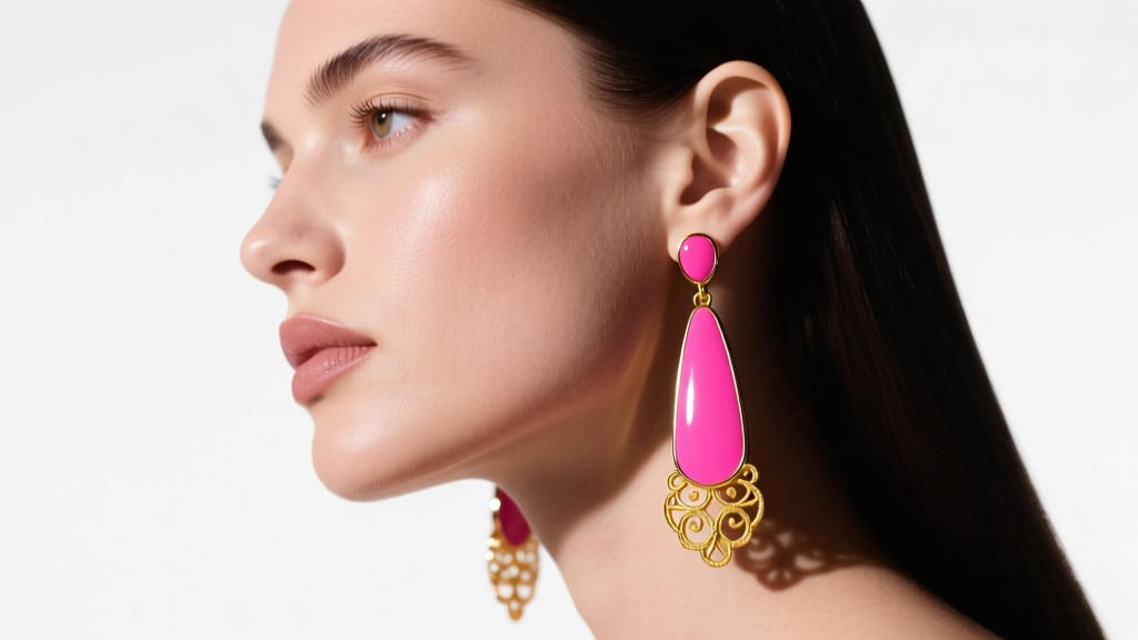 Side profile of a model wearing long pink enamel drop earrings with 14k yellow gold accents, studio lighting, fashion editorial