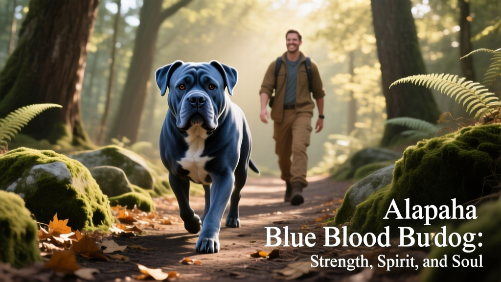 An Alapaha Blue Blood Bulldog walking confidently on a forest trail with its handler