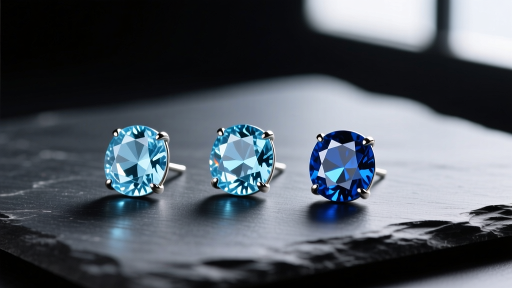 Three Swiss blue topaz stud earrings resting on dark slate, showcasing varying depths of color from pale sky to deep London blue.
