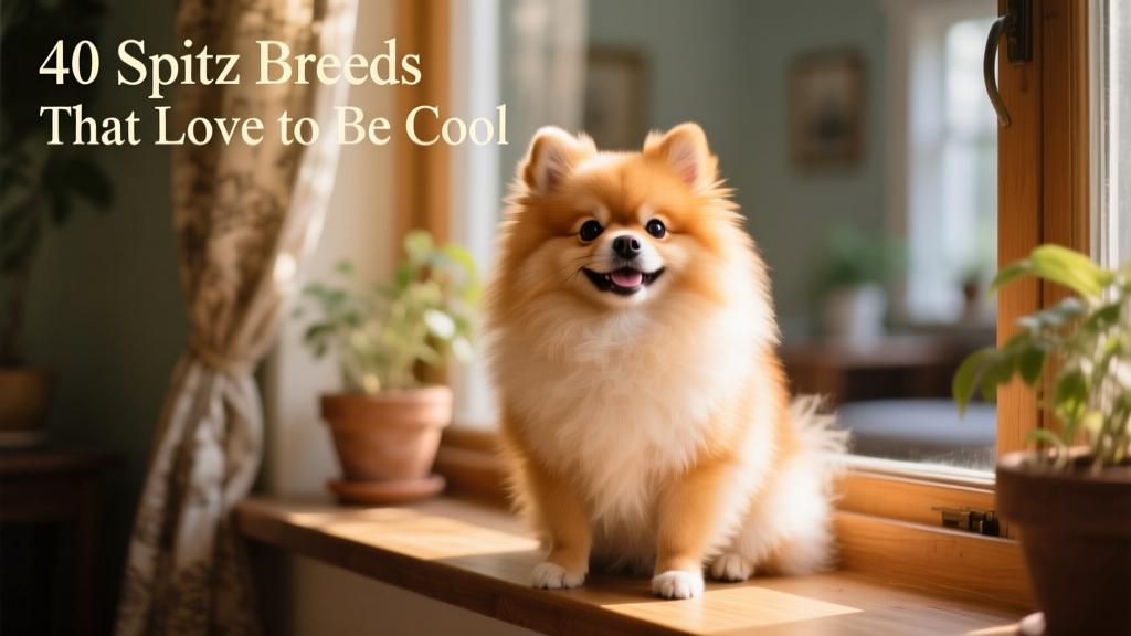 A smiling Pomeranian sitting on a sunlit windowsill, fluff gleaming, ears pricked forward